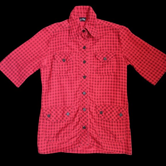 True Vintage Women's Small Shirt Boho 1970's Flannel Red Black Checkered Hippy - Picture 1 of 7